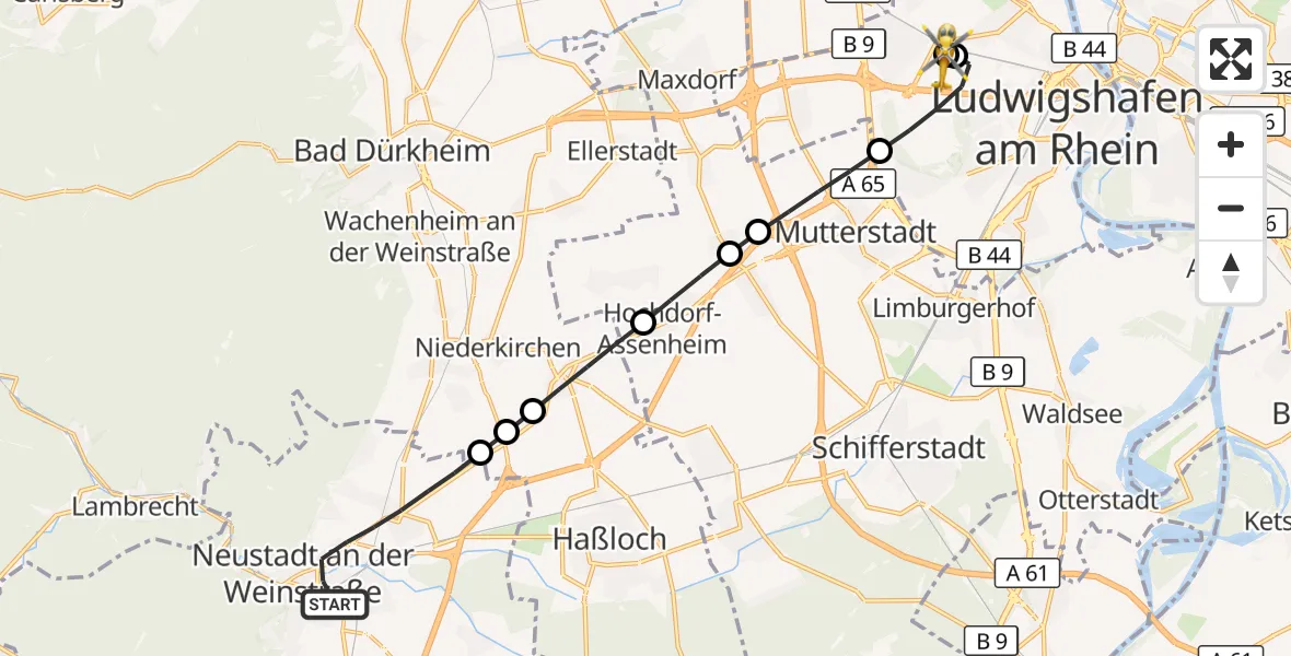Flugroute Rettungshubschrauber Neustadt an der Weinstraße - Ludwigshafen Accident Hospital, 09 September 2026, 07:35
