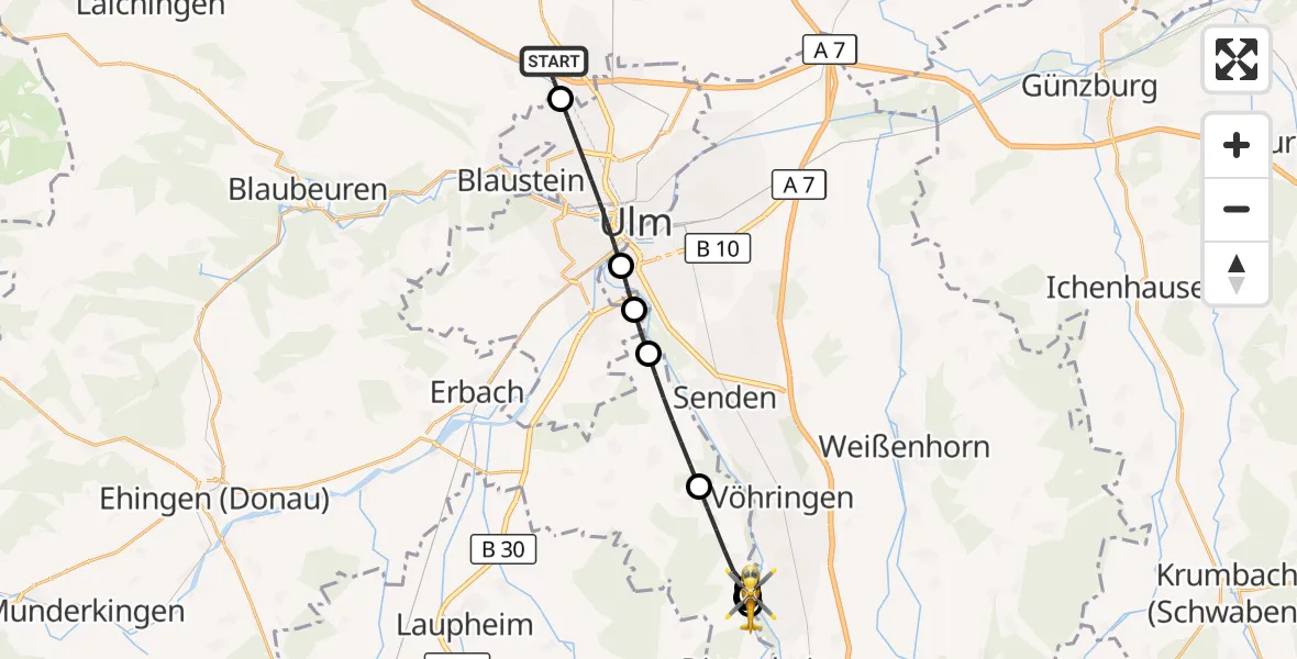 Flugroute Rettungshubschrauber Dornstadt - Auwald, 09 September 2026, 07:57