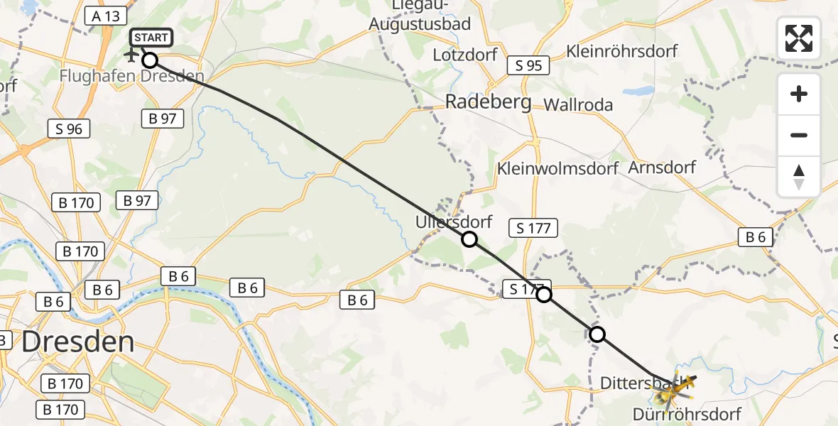 Flugroute Rettungshubschrauber Dresden Flughafen - Dürrröhrsdorf-Dittersbach, 09 September 2026, 07:58