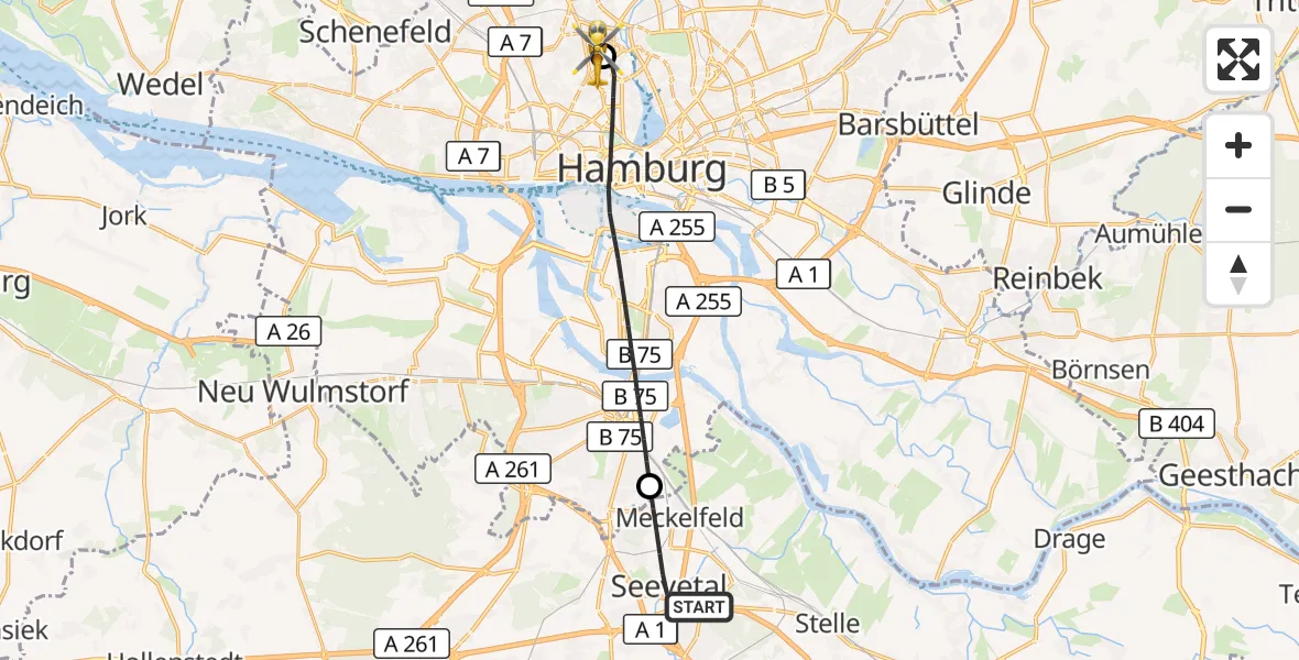 Flugroute Rettungshubschrauber Seevetal - Universitätsklinikum Hamburg-Eppendorf Hubschrauberlandeplatz, 09 September 2026, 07:59