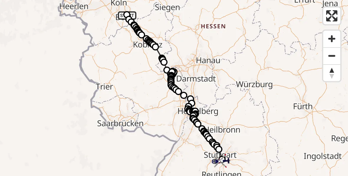 Flugroute Polizeihubschrauber Sankt Augustin - Flughafen Stuttgart, 09 September 2026, 08:00