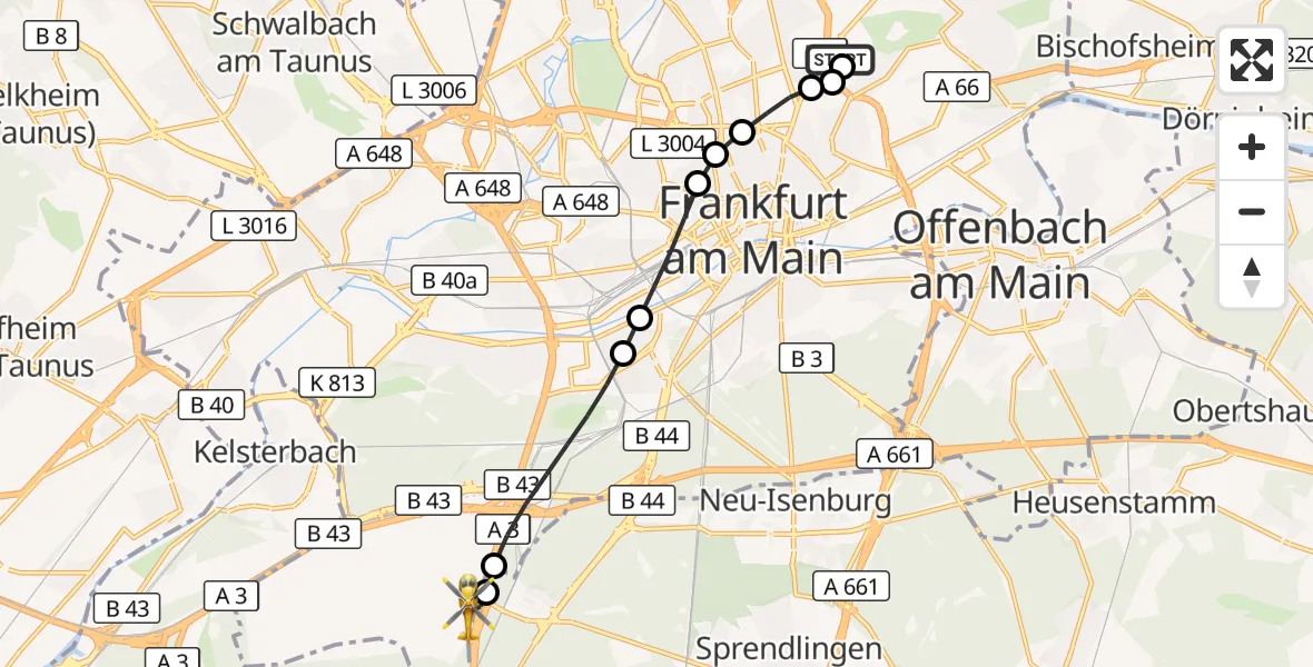 Flugroute Rettungshubschrauber Frankfurt am Main Accident Hospital Roof Helipad (CHX2) - Frankfurt Flughafen, 09 September 2026, 08:03