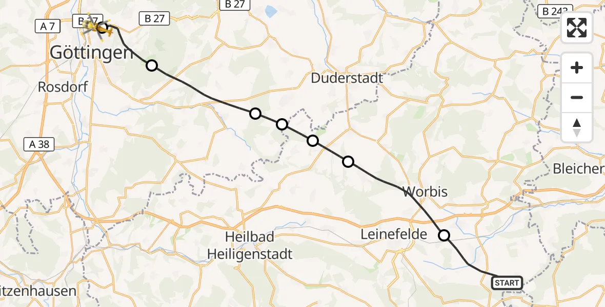 Flugroute Rettungshubschrauber Niederorschel - Göttingen University Clinic Hubschrauberlandeplatz, 09 September 2026, 08:20