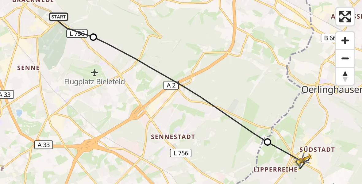 Flugroute Rettungshubschrauber Luftrettungszentrum Bielefeld - Oerlinghausen, 09 September 2026, 08:34