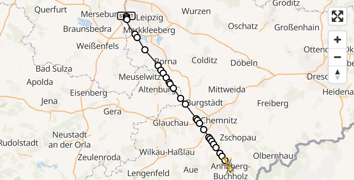 Flugroute Rettungshubschrauber ADAC Air Rescue Station Leipzig/Schkeuditz-Dölzig Hubschrauberlandeplatz (Christoph 61) - Thermalbad Wiesenbad, 09 September 2026, 08:36