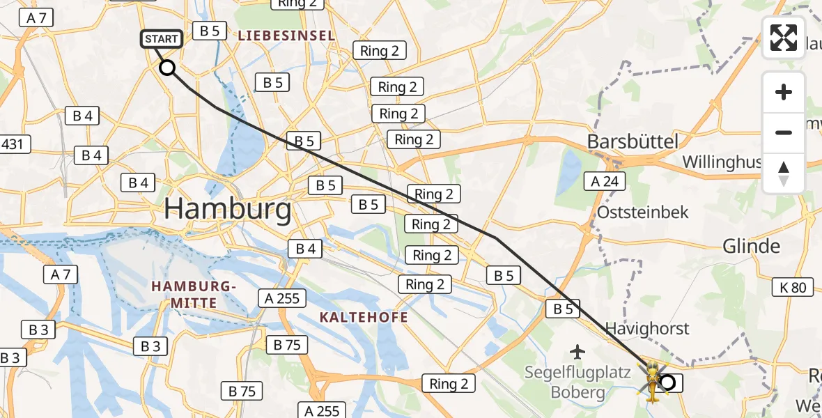 Flugroute Rettungshubschrauber Universitätsklinikum Hamburg-Eppendorf Hubschrauberlandeplatz - Christoph Hansa ADAC Hubschrauberlandeplatz, 09 September 2026, 08:38