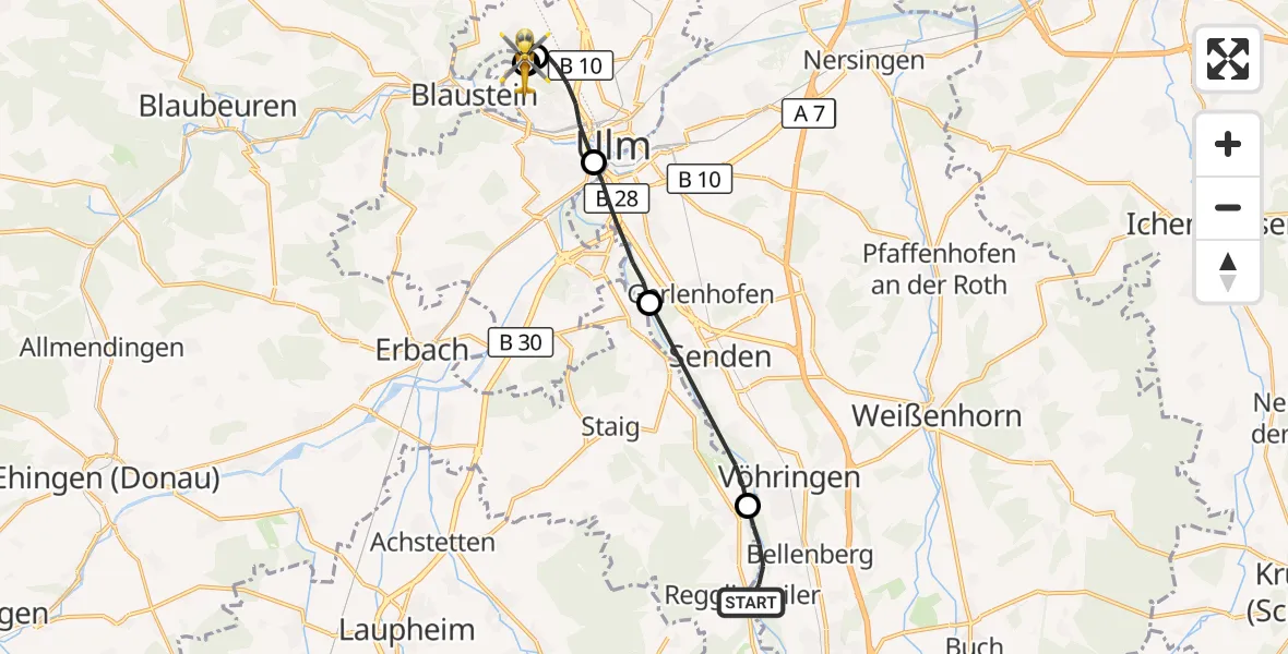 Flugroute Rettungshubschrauber Auwald - ADAC Air Rescue Station Ulm (Christoph 22), 09 September 2026, 08:39