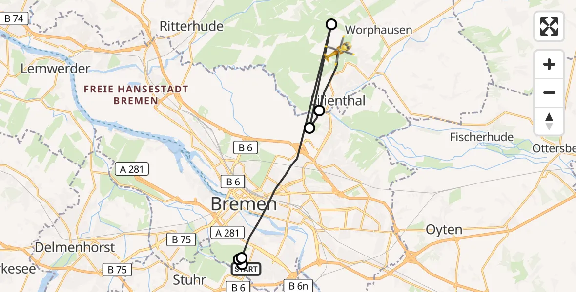 Flugroute Rettungshubschrauber ADAC Air Rescue Station Bremen Hubschrauberlandeplatz (Christoph 6) - Lilienthal, 09 September 2026, 08:45
