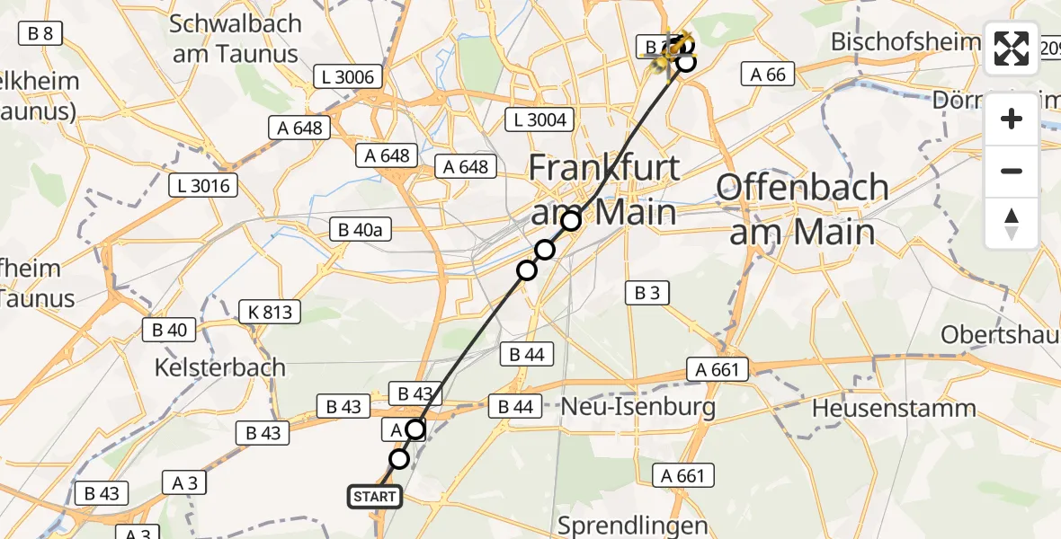 Flugroute Rettungshubschrauber Frankfurt Flughafen - Frankfurt am Main Accident Hospital Roof, 09 September 2026, 08:47