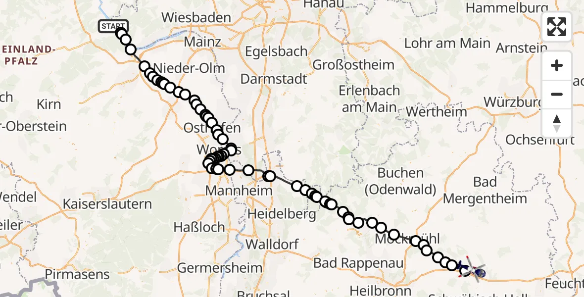 Flugroute Polizeihubschrauber Lorch - Kupferzell, 09 September 2026, 08:54