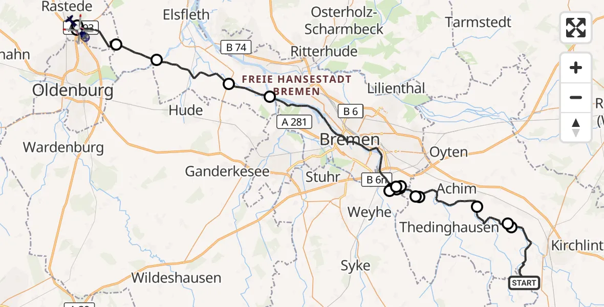 Flugroute Polizeihubschrauber Verden (Aller) - Rastede, 09 September 2026, 09:00