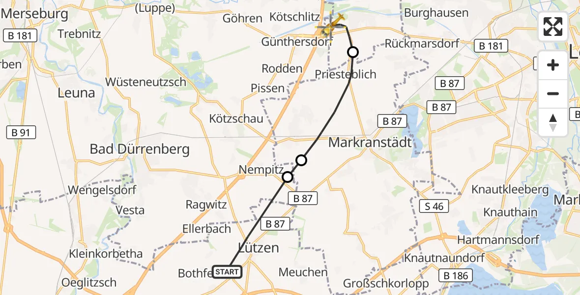 Flugroute Rettungshubschrauber Lützen - ADAC Air Rescue Station Leipzig/Schkeuditz-Dölzig Hubschrauberlandeplatz (Christoph 61), 09 September 2026, 09:09