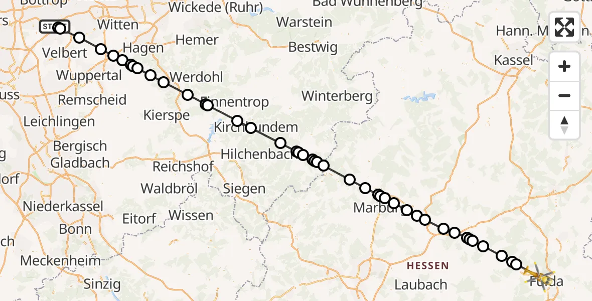 Flugroute Ambulanzhubschrauber Essen - Fulda, 09 September 2026, 09:20