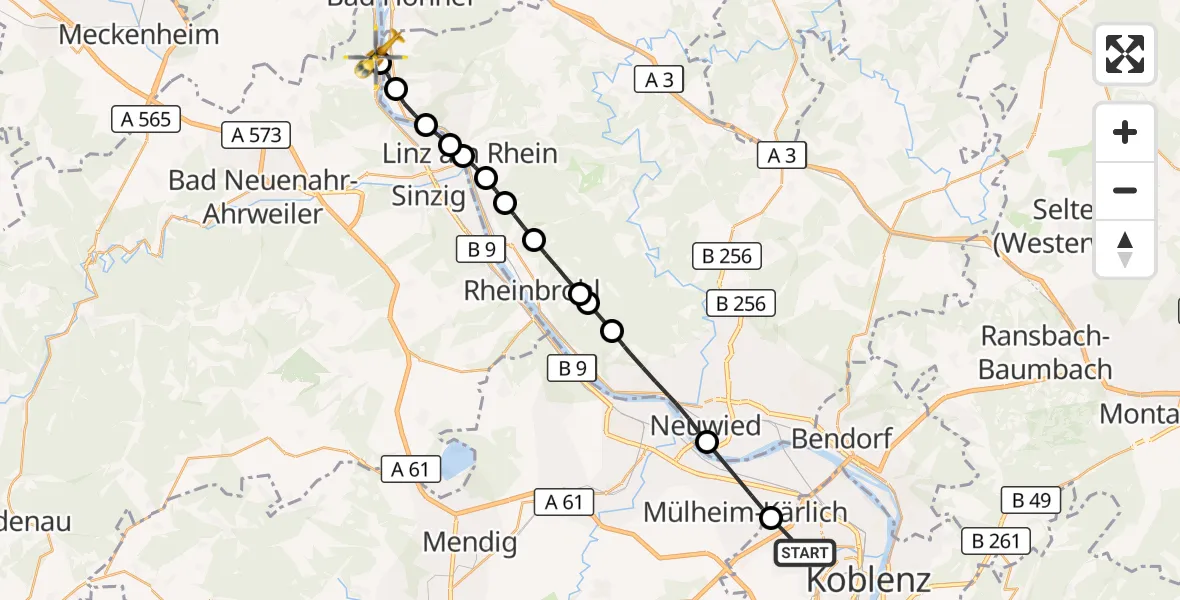 Flugroute Rettungshubschrauber Koblenz - Remagen, 09 September 2026, 09:23