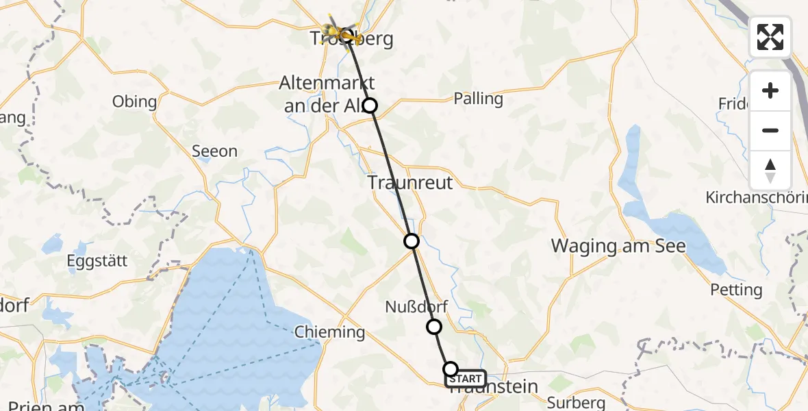 Flugroute Rettungshubschrauber Traunstein Hospital - Trostberg Krankenhaus Hubschrauberlandeplatz, 09 September 2026, 09:24
