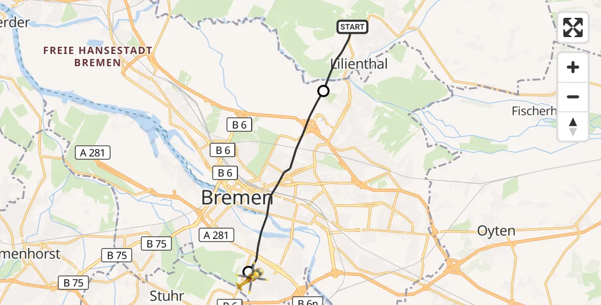 Flugroute Rettungshubschrauber Lilienthal - ADAC Air Rescue Station Bremen Hubschrauberlandeplatz (Christoph 6), 09 September 2026, 09:25