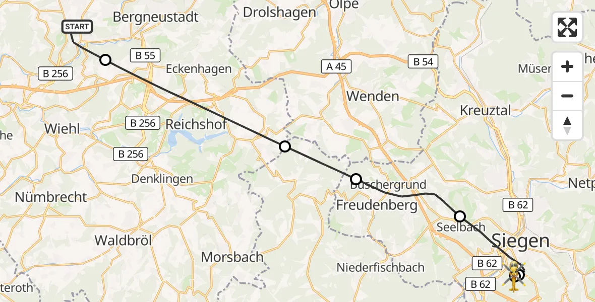 Flugroute Rettungshubschrauber Gummersbach - Evangelisches Jung-Stilling Hospital, 09 September 2026, 09:29