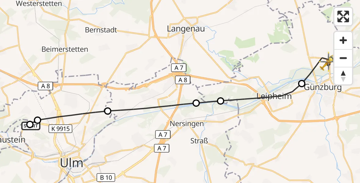 Flugroute Rettungshubschrauber Ulm Military Hospital Emergency - Günzburg, 09 September 2026, 09:34