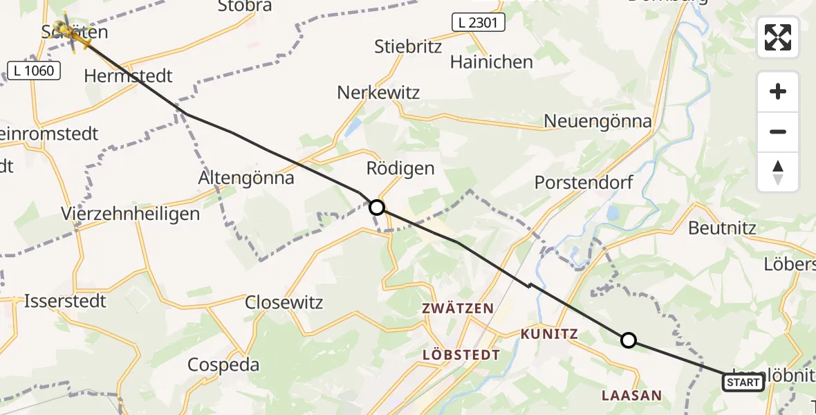 Flugroute Rettungshubschrauber Jenalöbnitz - Bad Sulza, 09 September 2026, 09:35