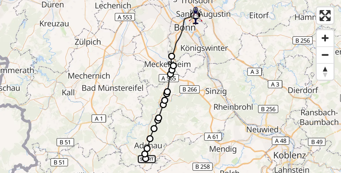 Flugroute Polizeihubschrauber Quiddelbach - Sankt Augustin, 09 September 2026, 09:54