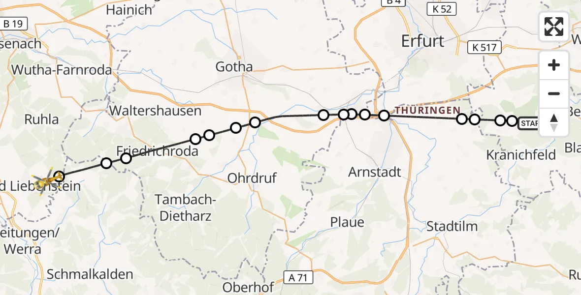 Flugroute Ambulanzhubschrauber Tonndorf - Bad Liebenstein, 09 September 2026, 09:55