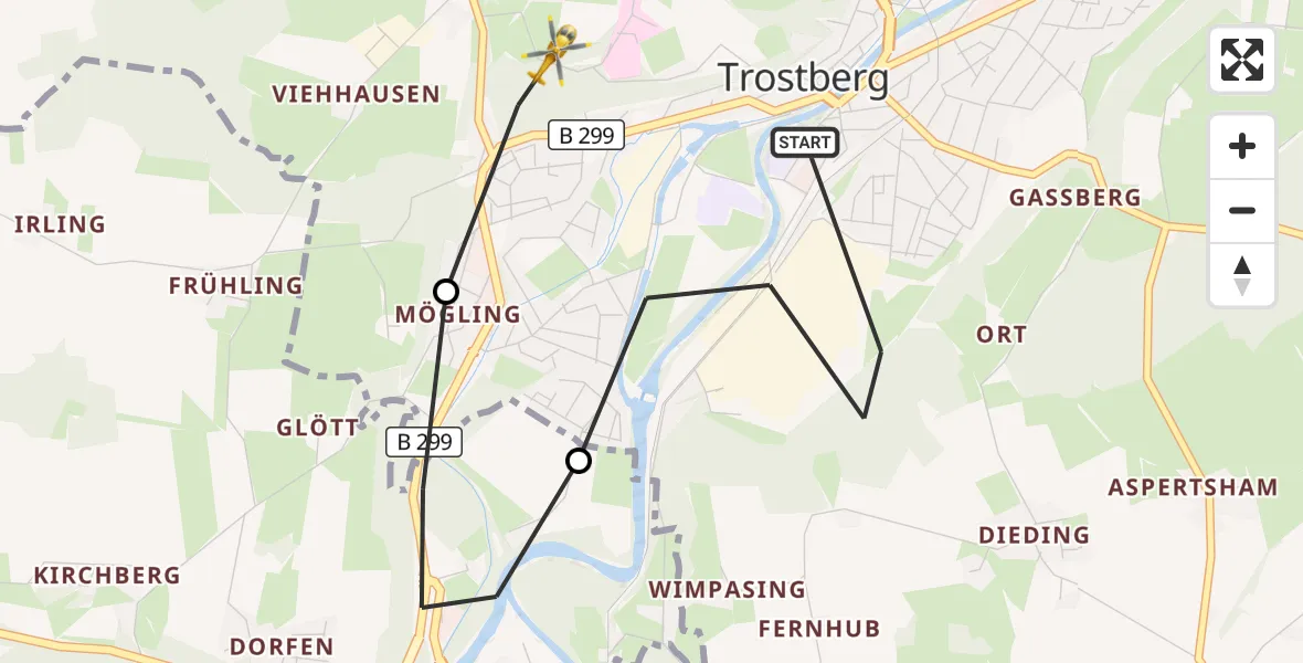 Flugroute Rettungshubschrauber Trostberg - Trostberg Krankenhaus Hubschrauberlandeplatz, 09 September 2026, 10:08