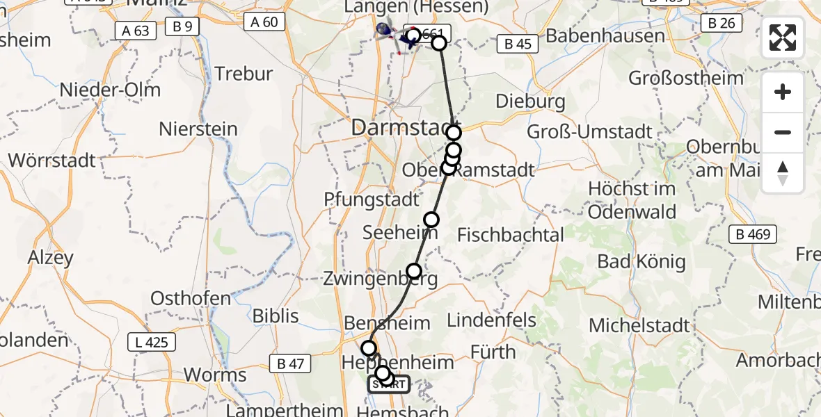 Flugroute Polizeihubschrauber Segelflugplatz Heppenheim - Flughafen Frankfurt-Egelsbach, 09 September 2026, 10:10