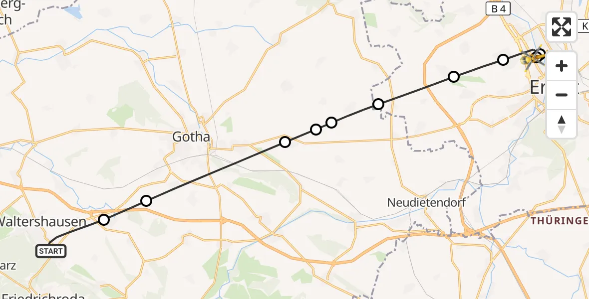 Flugroute Rettungshubschrauber Waltershausen - Helios Clinic Erfurt, 09 September 2026, 10:21