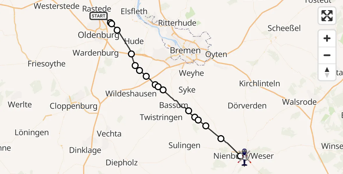 Flugroute Polizeihubschrauber Rastede - Nienburg (Weser), 09 September 2026, 10:25
