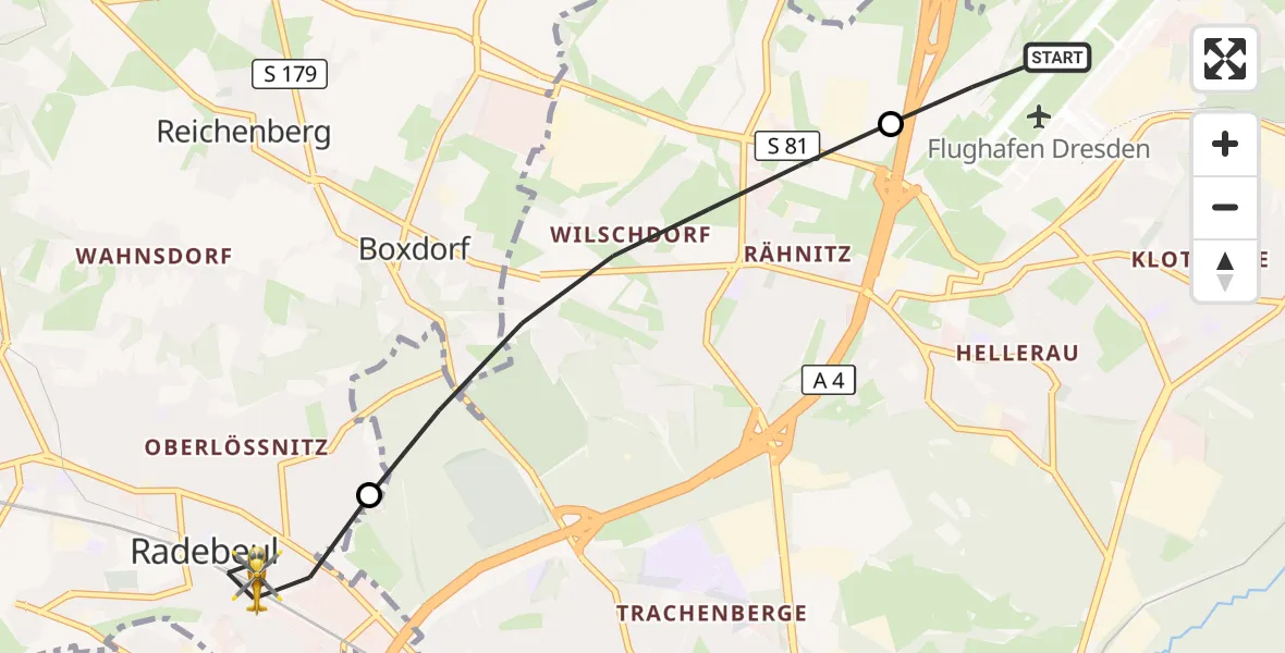 Flugroute Rettungshubschrauber Dresden Flughafen - Radebeul, 09 September 2026, 10:26