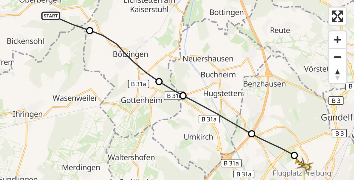 Flugroute Ambulanzhubschrauber Vogtsburg im Kaiserstuhl - Freiburg im Breisgau Flugplatz, 09 September 2026, 10:32