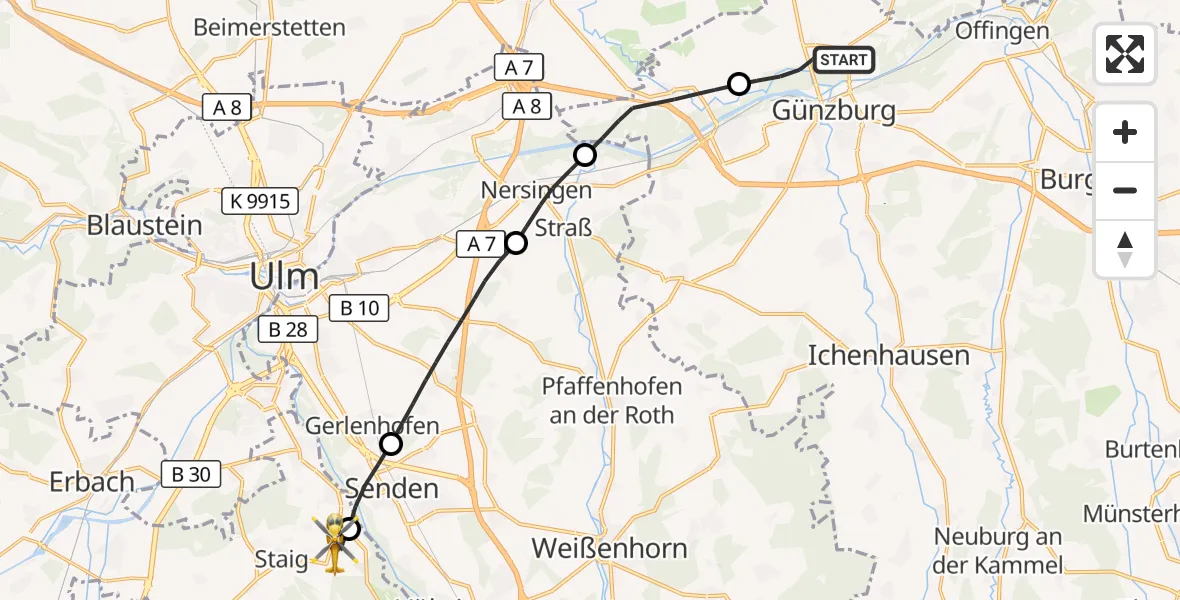 Flugroute Rettungshubschrauber Günzburg - Illerkirchberg, 09 September 2026, 10:34