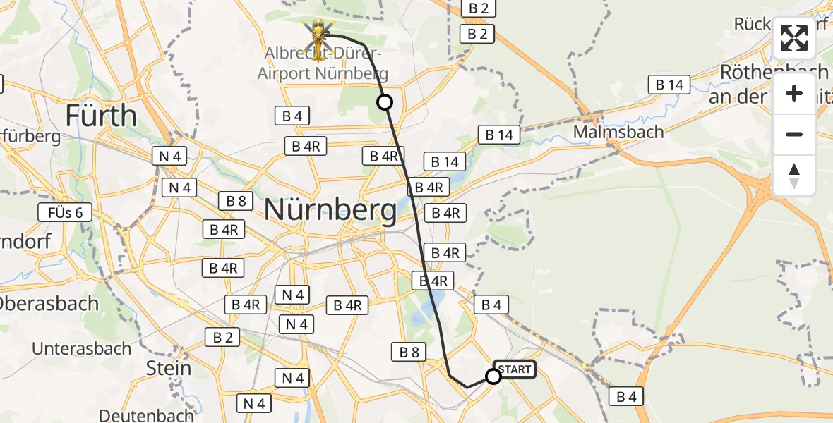Flugroute Ambulanzhubschrauber Nürnberg South Hospital - Flughafen Nuremberg, 09 September 2026, 10:54