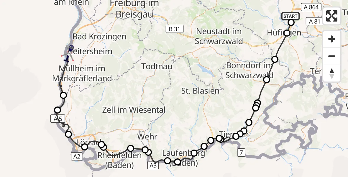 Flugroute Polizeihubschrauber Donaueschingen-Villingen Flugplatz - Neuenburg am Rhein, 09 September 2026, 10:57