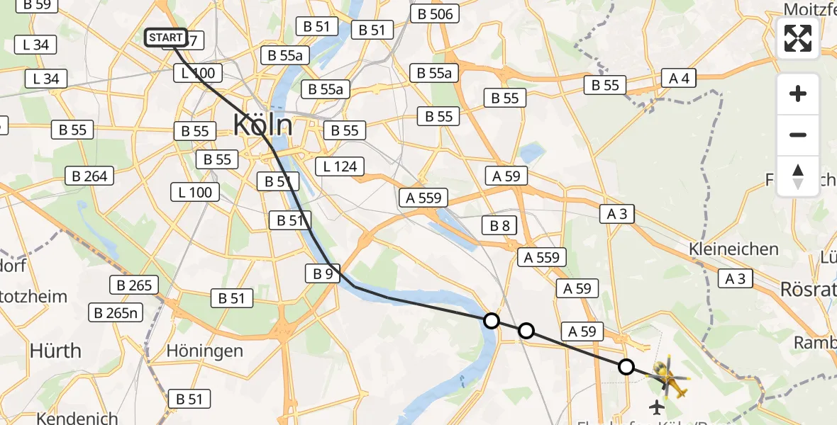 Flugroute Rettungshubschrauber Köln - Köln Bonn Flughafen, 09 September 2026, 11:07