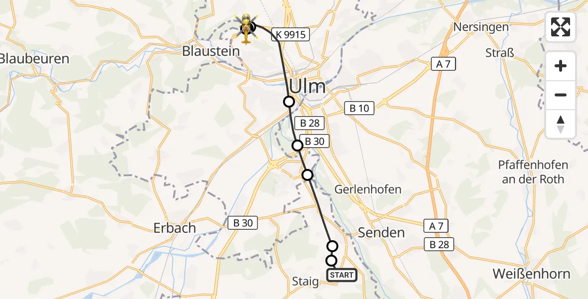 Flugroute Rettungshubschrauber Illerkirchberg - ADAC Air Rescue Station Ulm (Christoph 22), 09 September 2026, 11:24