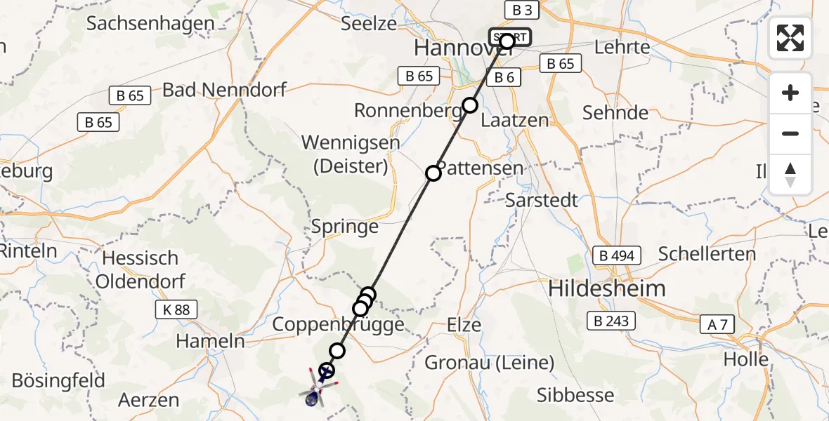 Flugroute Polizeihubschrauber Hannover Luftrettung Hubschrauberlandeplatz (Christoph 4) - Coppenbrügge, 09 September 2026, 11:50