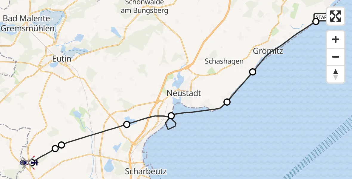 Flugroute Polizeihubschrauber Kellenhusen (Ostsee) - Christoph 12 Luftrettungszentrum, 09 September 2026, 11:50