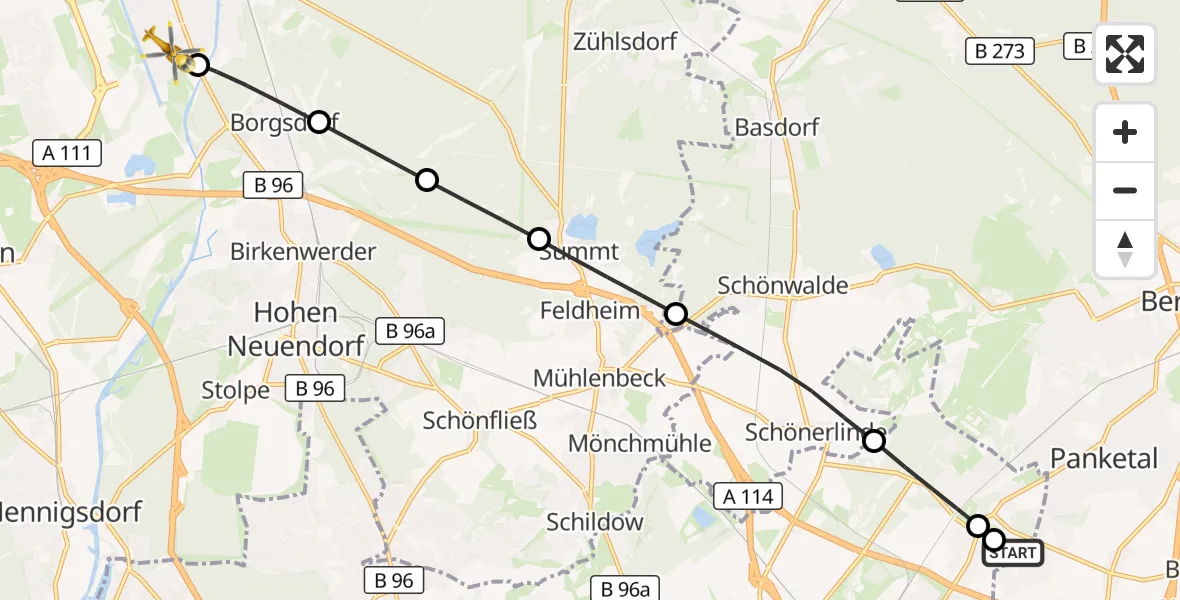 Flugroute Rettungshubschrauber Helios Clinic Berlin-Buch - Oranienburg, 09 September 2026, 11:51