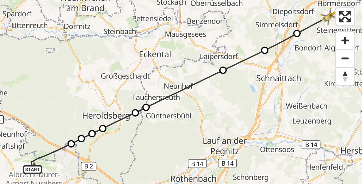 Flugroute Ambulanzhubschrauber Flughafen Nuremberg - Schnaittach, 09 September 2026, 11:57