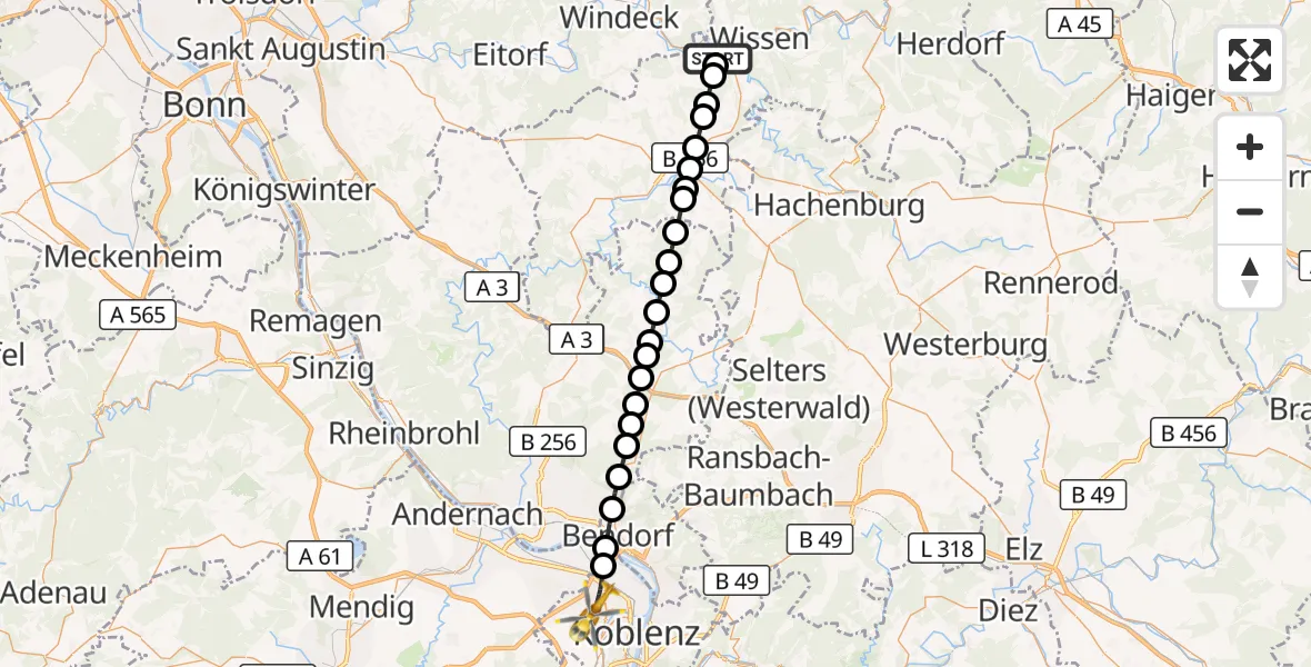 Flugroute Rettungshubschrauber Etzbach - Koblenz, 09 September 2026, 12:00