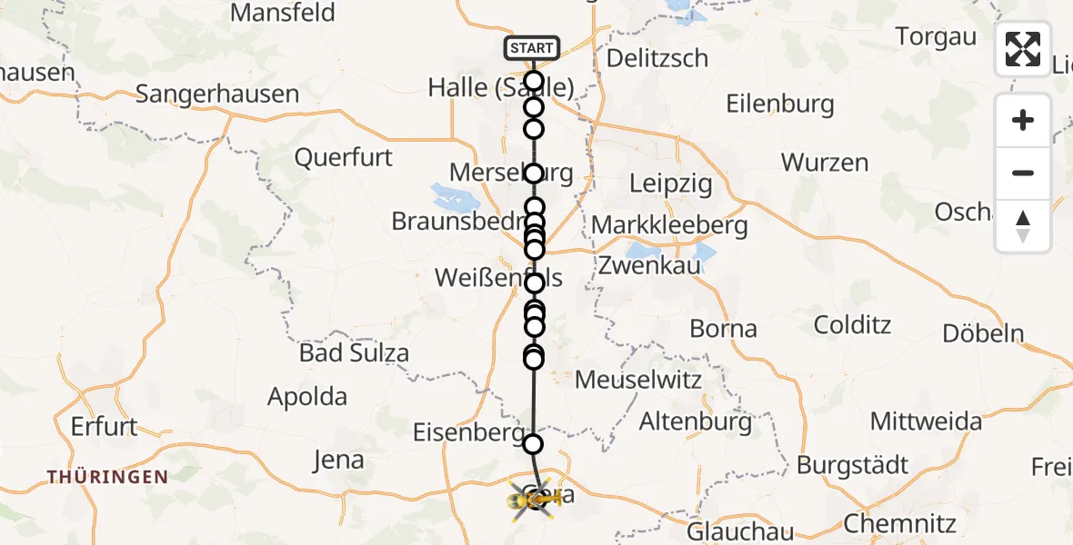 Flugroute Rettungshubschrauber Landsberg - SRH Wald-Klinikum Gera Hospital Hubschrauberlandeplatz, 09 September 2026, 12:40