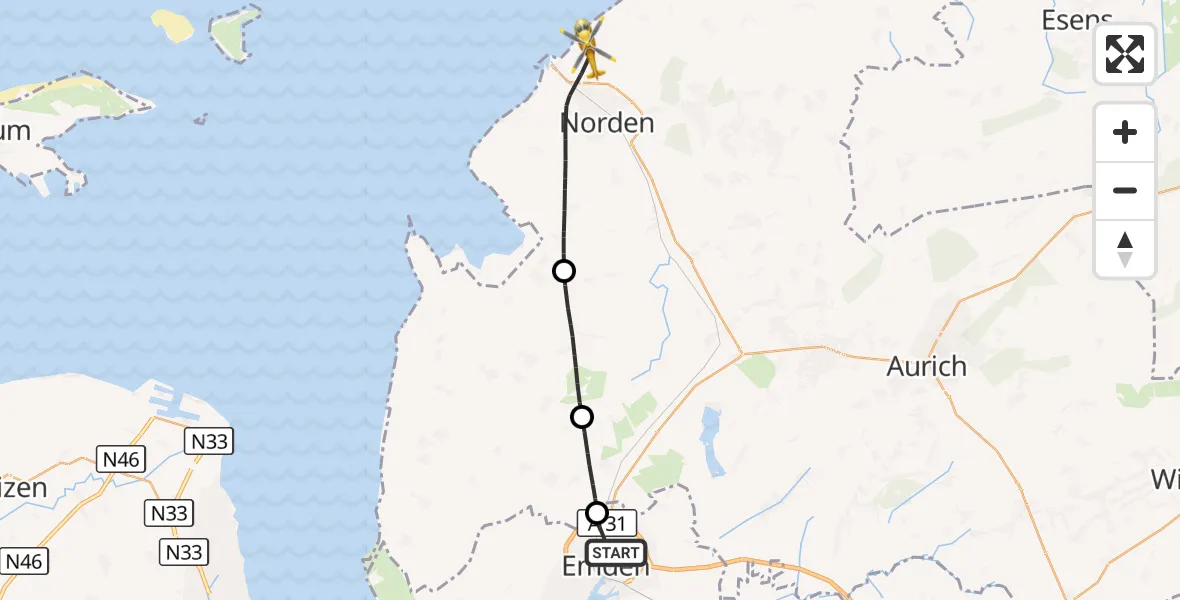 Flugroute Ambulanzhubschrauber Emden - Norden-Norddeich Flughafen, 09 September 2026, 12:45