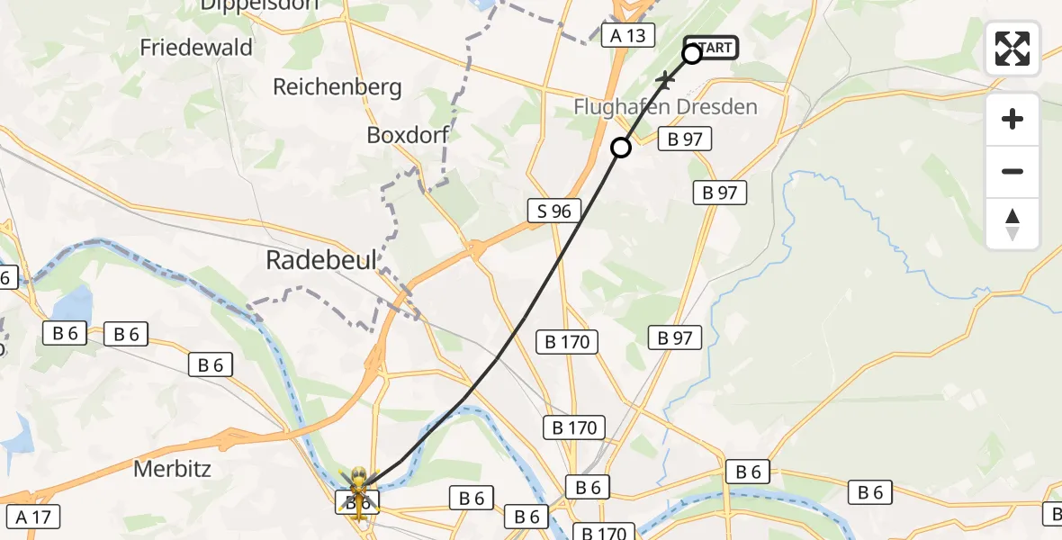 Flugroute Rettungshubschrauber Dresden Bundespolizei Hubschrauberlandeplatz - Dresden, 09 September 2026, 12:48