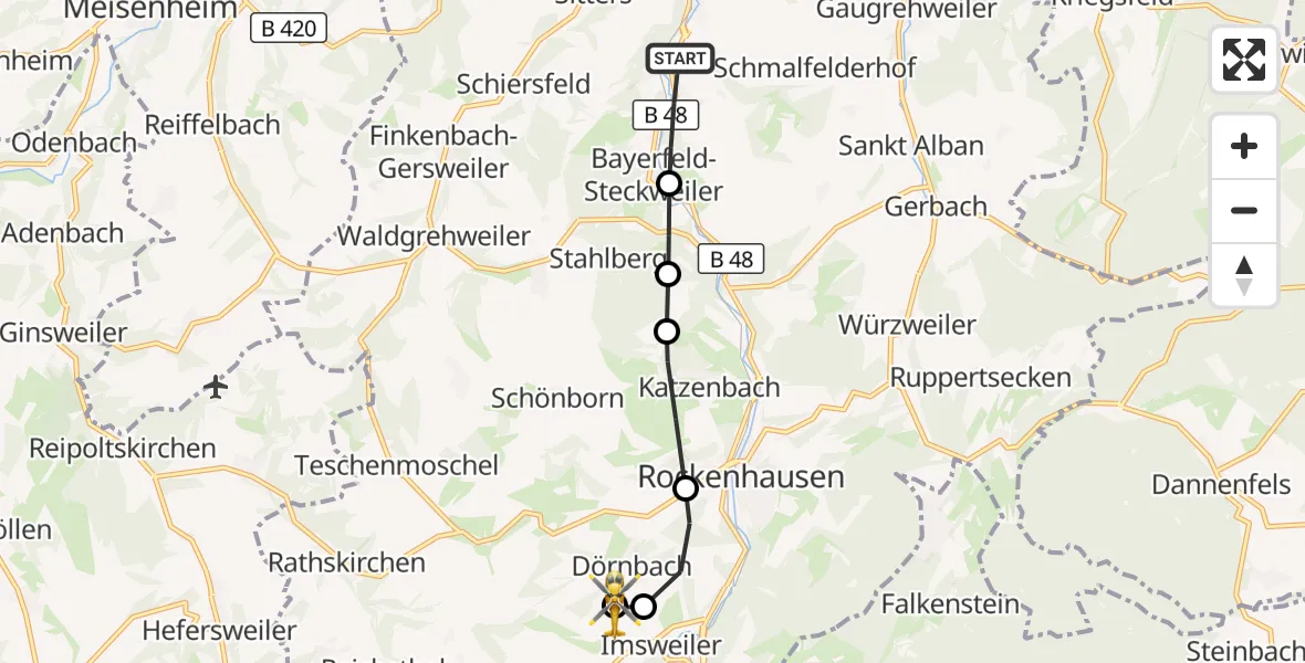 Flugroute Rettungshubschrauber Mannweiler-Cölln - Rockenhausen, 09 September 2026, 12:50