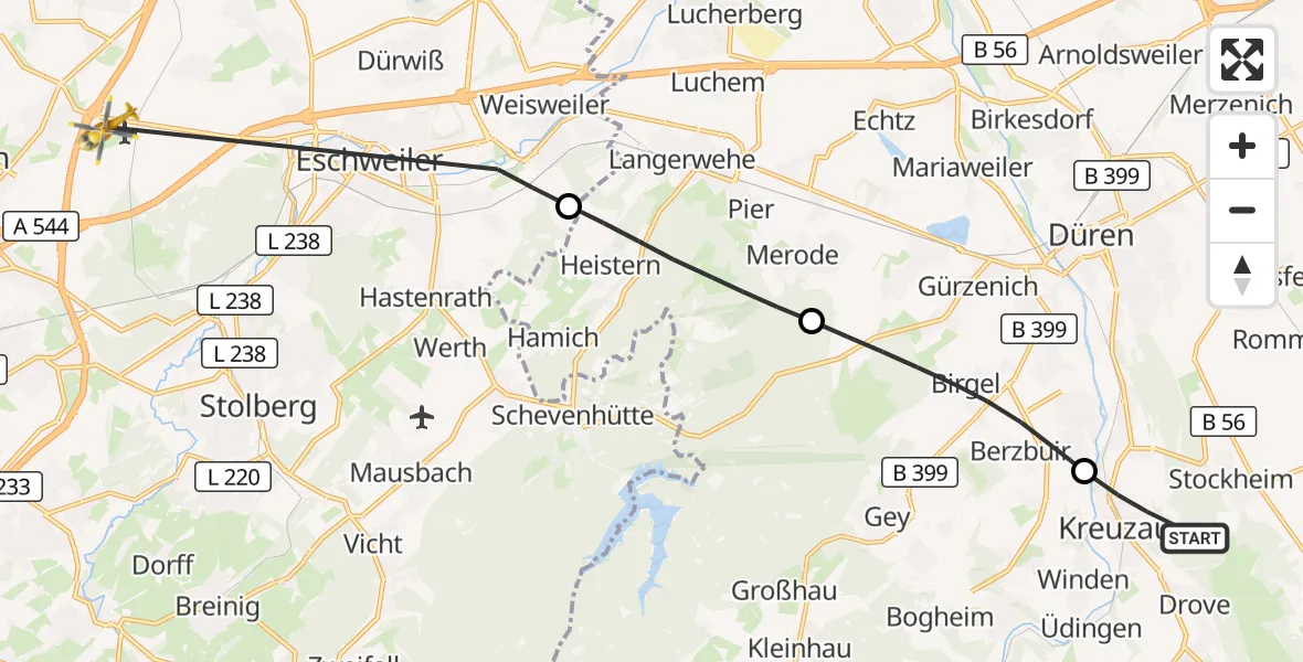 Flugroute Rettungshubschrauber Kreuzau - Aachen-Merzbrück Flughafen, 09 September 2026, 12:58