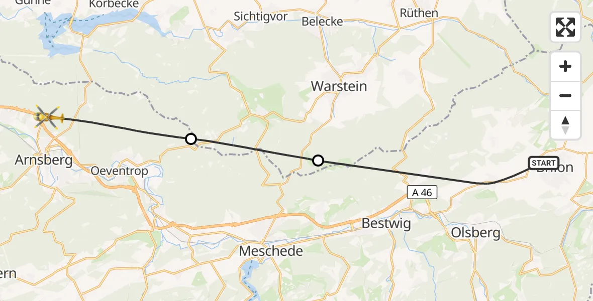 Flugroute Rettungshubschrauber Brilon - Arnsberg, 09 September 2026, 13:01