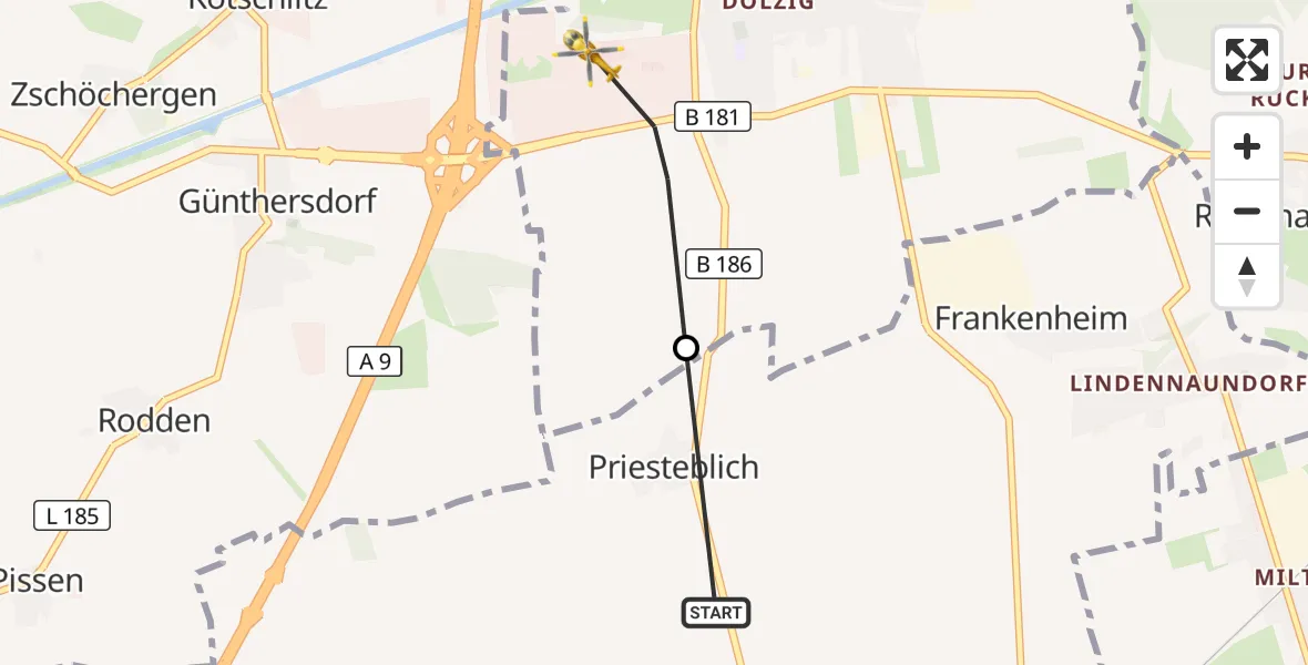 Flugroute Rettungshubschrauber Markranstädt - ADAC Air Rescue Station Leipzig/Schkeuditz-Dölzig Hubschrauberlandeplatz (Christoph 61), 09 September 2026, 13:02