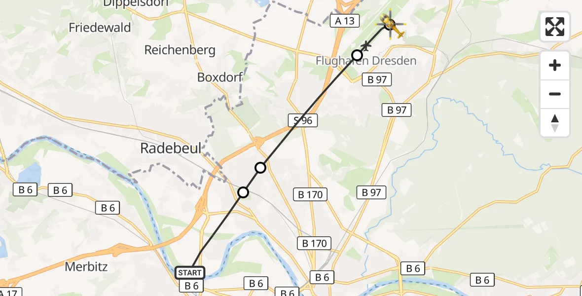 Flugroute Rettungshubschrauber Dresden - Dresden Bundespolizei Hubschrauberlandeplatz, 09 September 2026, 13:07