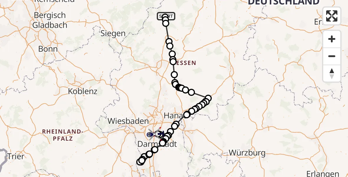Flugroute Polizeihubschrauber Frankenberg (Eder) - Flughafen Frankfurt-Egelsbach, 09 September 2026, 13:08